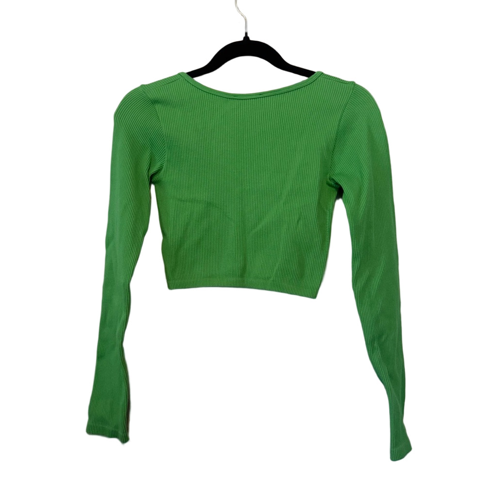 Zara Green Ribbed Button Front Crop Top XS Long Sleeve Fitted Knit - Picture 4 of 4